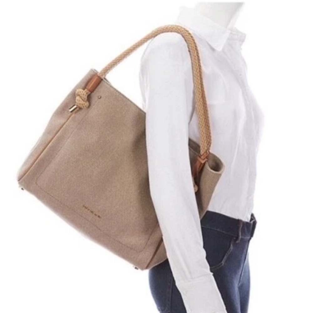 Michael Kors Isla Large Tote Grab Bag, Textured Tan Neutral Fabric.
